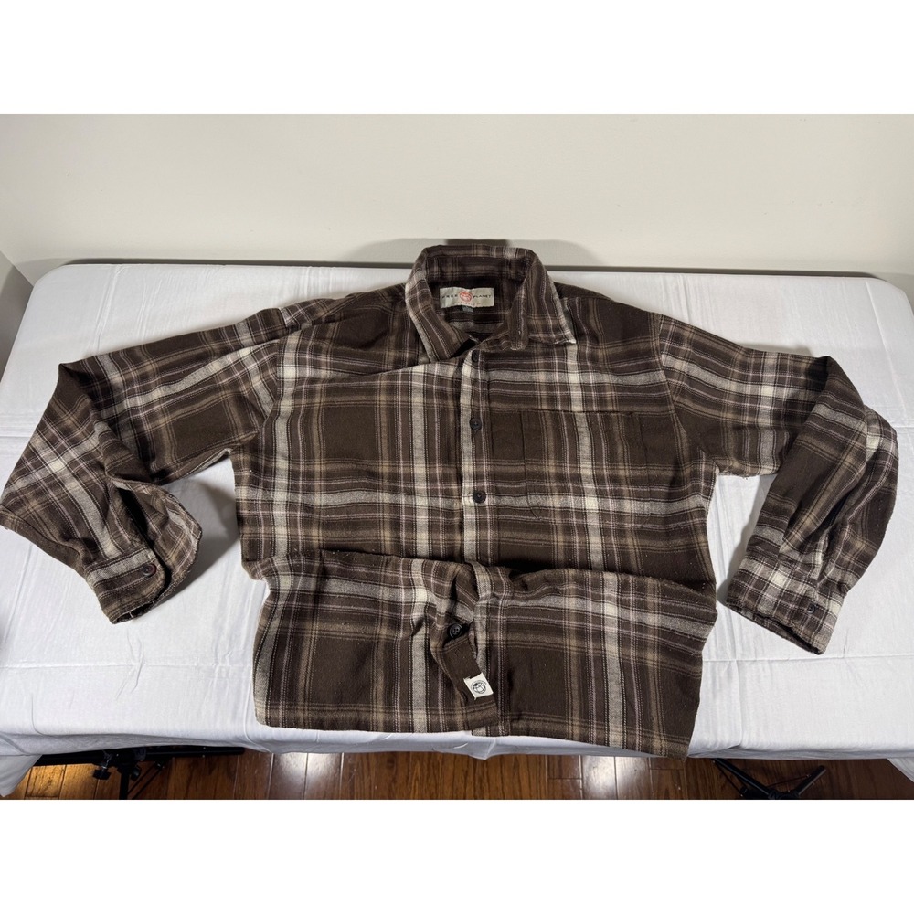 Free Planet Mens Brown Plaid Cropped Flannel Shirt Cotton Long Sleeve Large